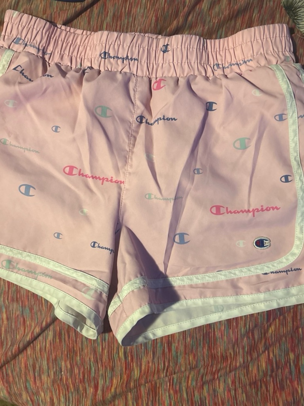Champion Pink All-Over Logo Athletic Shorts with White Trim